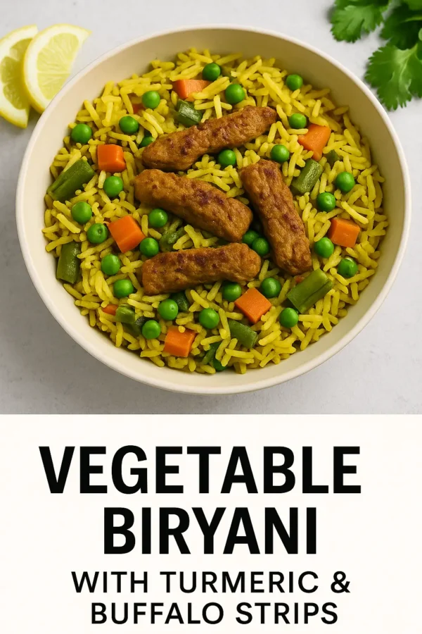 vegetable biryani with turmeric & buffalo strips